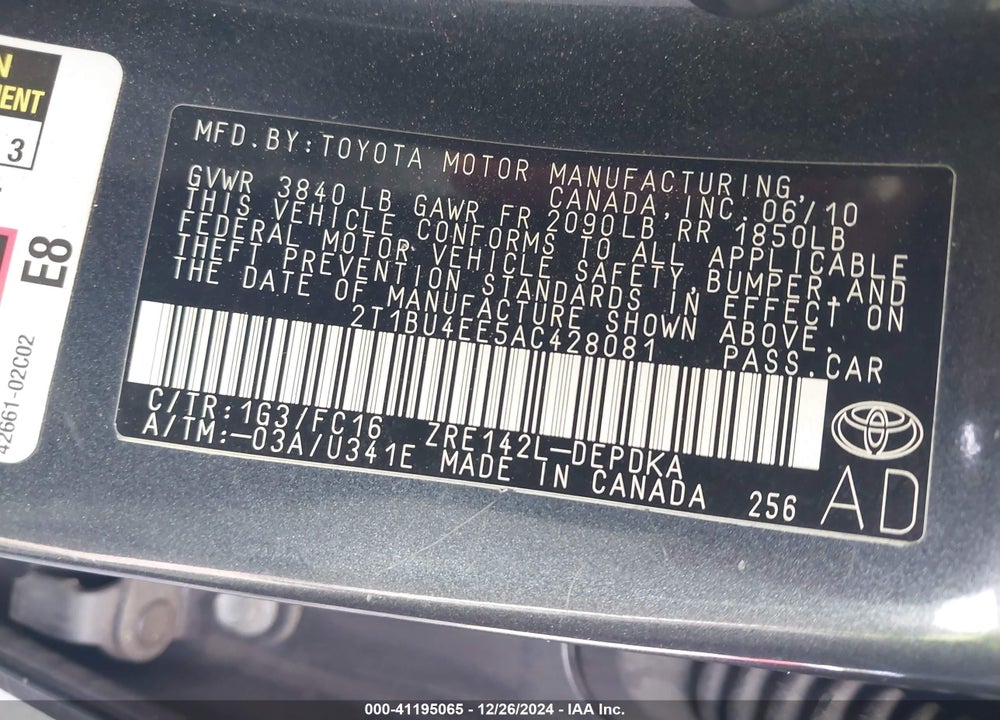 2010 TOYOTA COROLLA LE VIN: 2T1BU4EE5AC428081