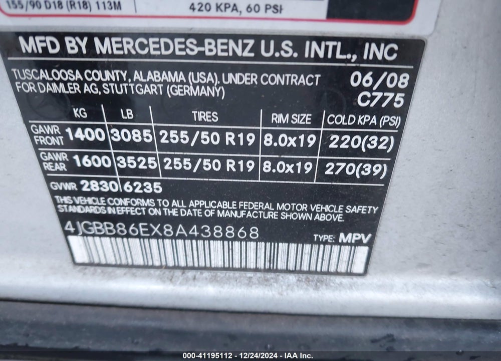2008 MERCEDES-BENZ ML 350 4MATIC VIN: 4JGBB86EX8A438868