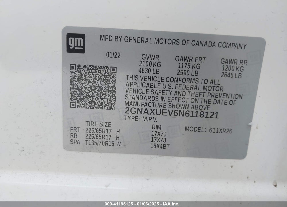 2022 CHEVROLET EQUINOX AWD LT VIN: 2GNAXUEV6N6118121