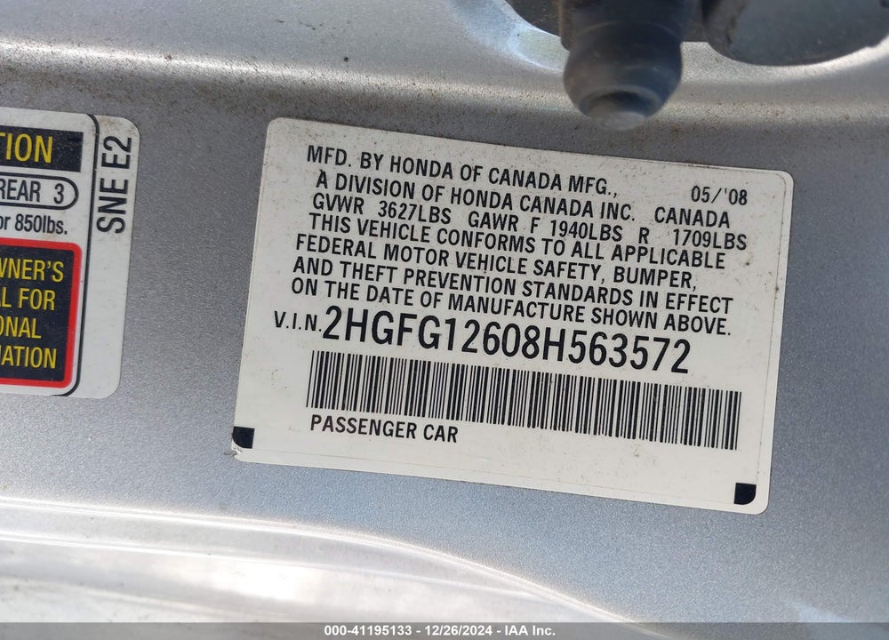 2008 HONDA CIVIC VIN: 2HGFG12608H563572