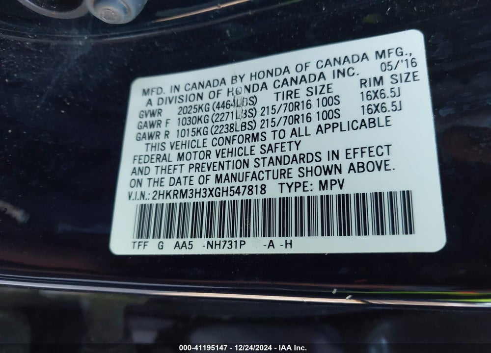 2016 HONDA CR-V LX VIN: 2HKRM3H3XGH547818