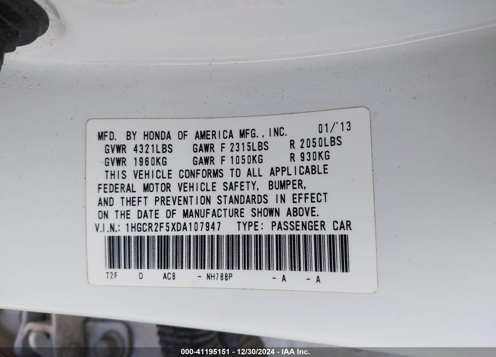 2013 HONDA ACCORD VIN: 1HGCR2F5XDA107947