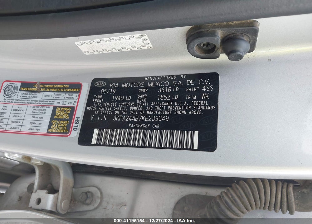 2019 KIA RIO S VIN: 3KPA24AB7KE239349