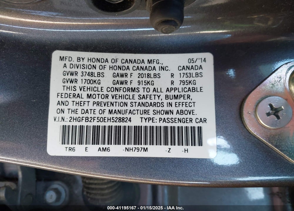 2014 HONDA CIVIC LX VIN: 2HGFB2F50EH528824