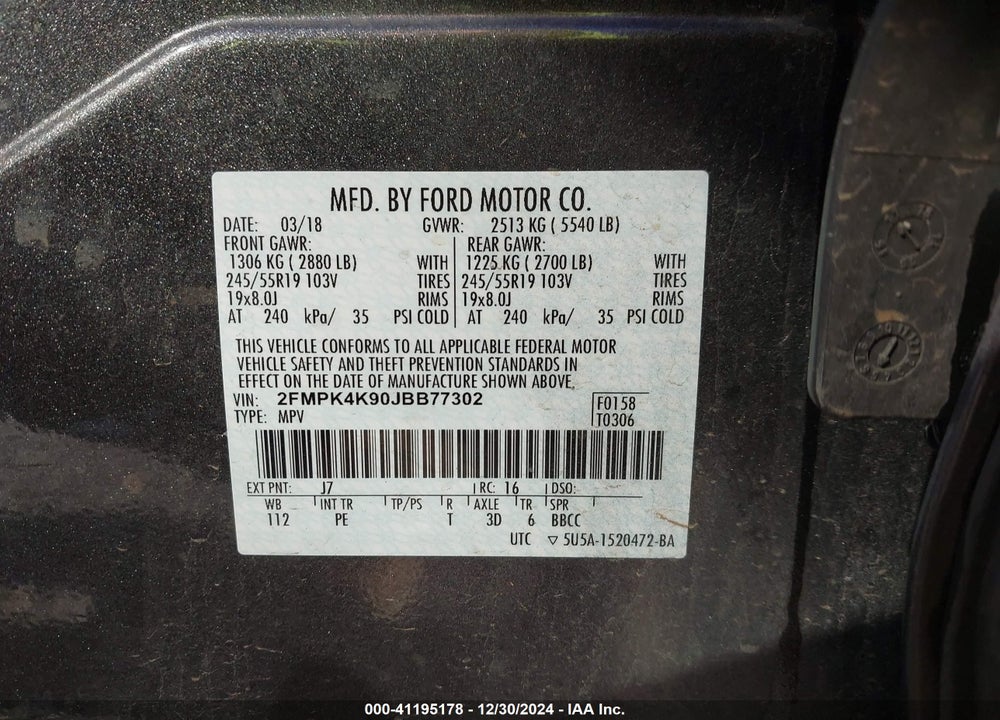 2018 FORD EDGE TITANIUM VIN: 2FMPK4K90JBB77302