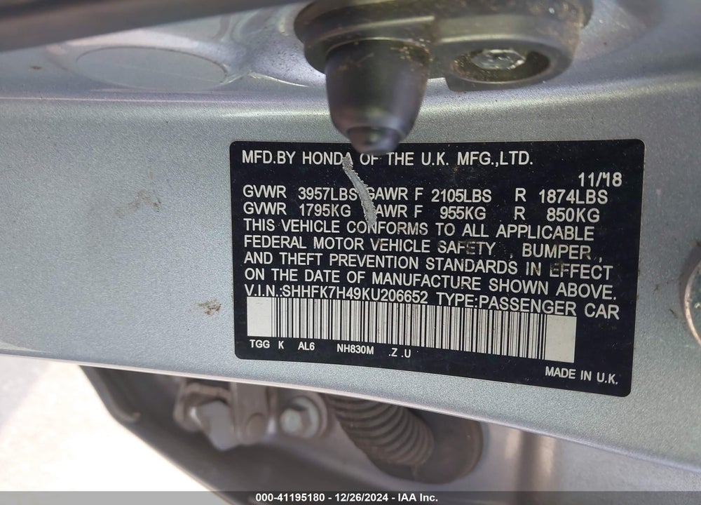 2019 HONDA CIVIC SPORT VIN: SHHFK7H49KU206652