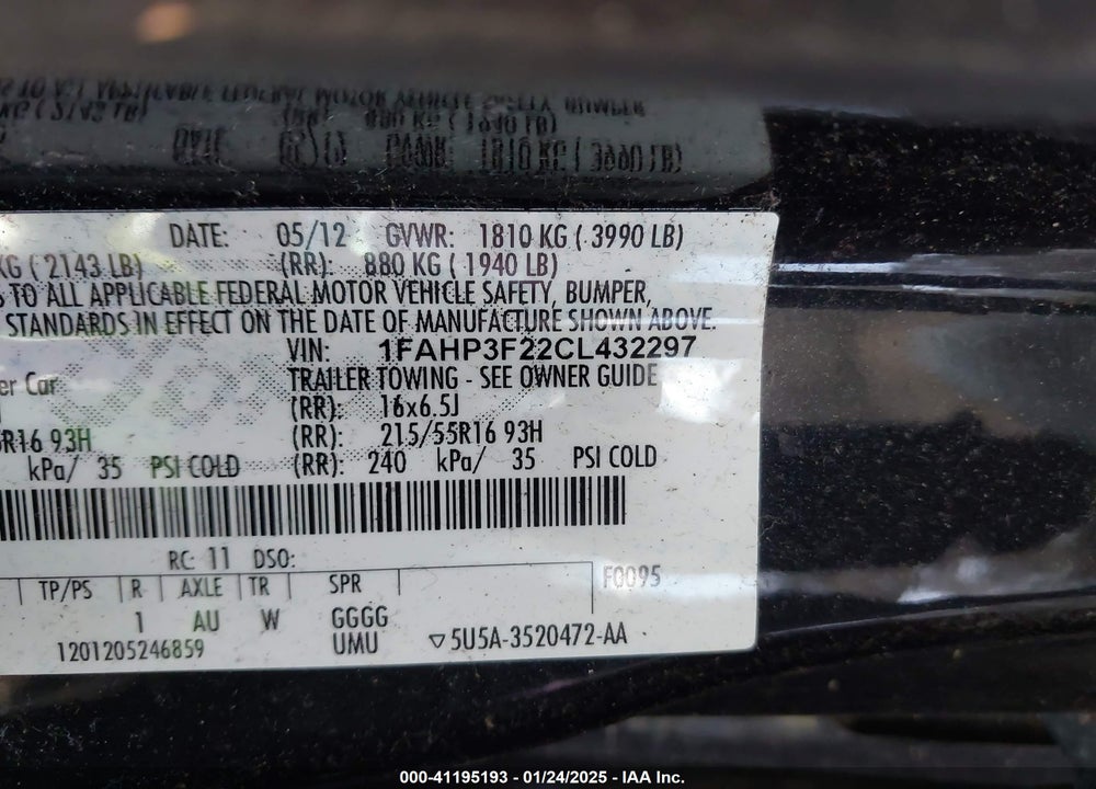 2012 FORD FOCUS VIN: 1FAHP3F22CL432297