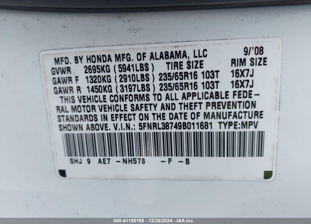 2009 HONDA ODYSSEY EX-L VIN: 5FNRL38749B011681