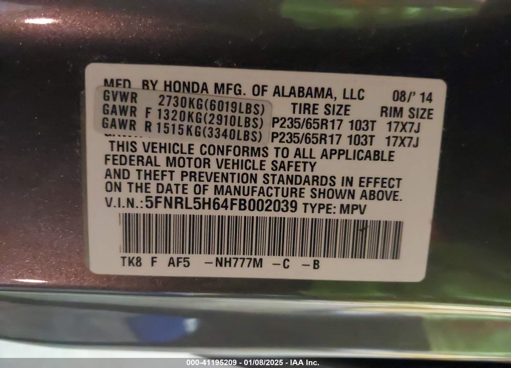 2015 HONDA ODYSSEY EX-L VIN: 5FNRL5H64FB002039