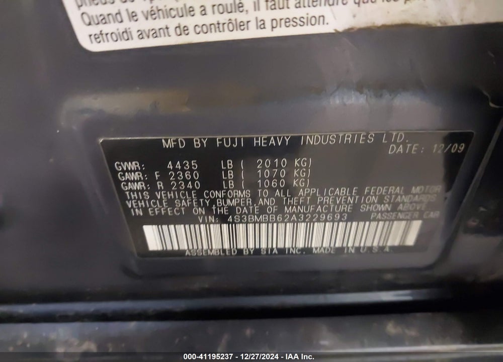 2010 SUBARU LEGACY 2.5I PREMIUM VIN: 4S3BMBB62A3229693