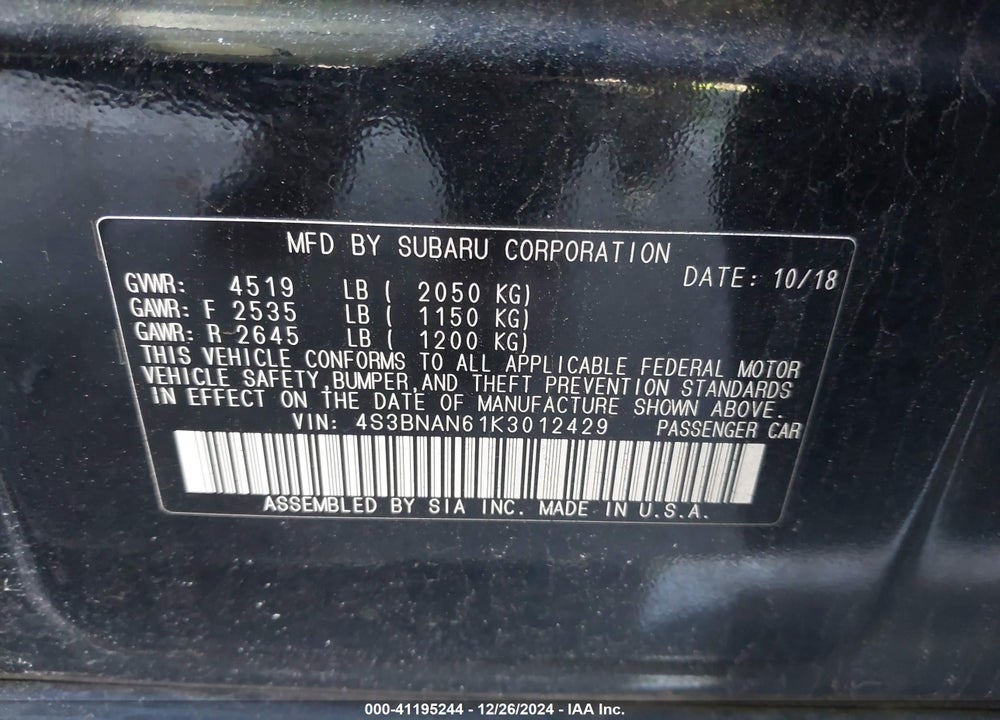 2019 SUBARU LEGACY VIN: 4S3BNAN61K3012429