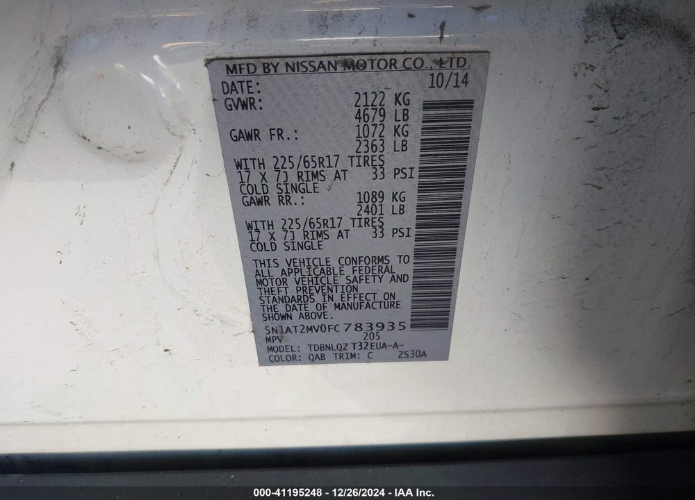 2015 NISSAN ROGUE SV VIN: 5N1AT2MV0FC783935