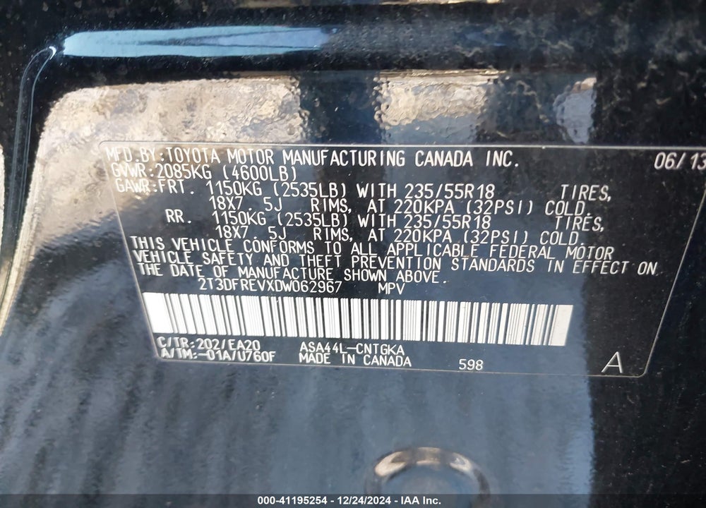 2013 TOYOTA RAV4 LIMITED VIN: 2T3DFREVXDW062967