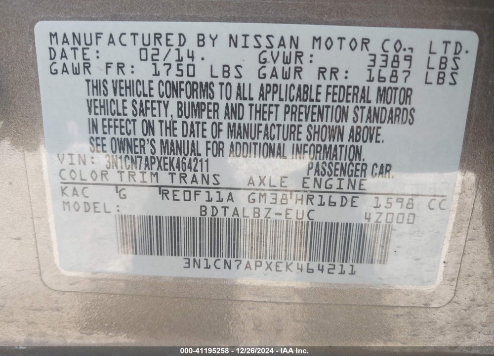 2014 NISSAN VERSA 1.6 S/1.6 S+/1.6 SL/1.6 SV VIN: 3N1CN7APXEK464211