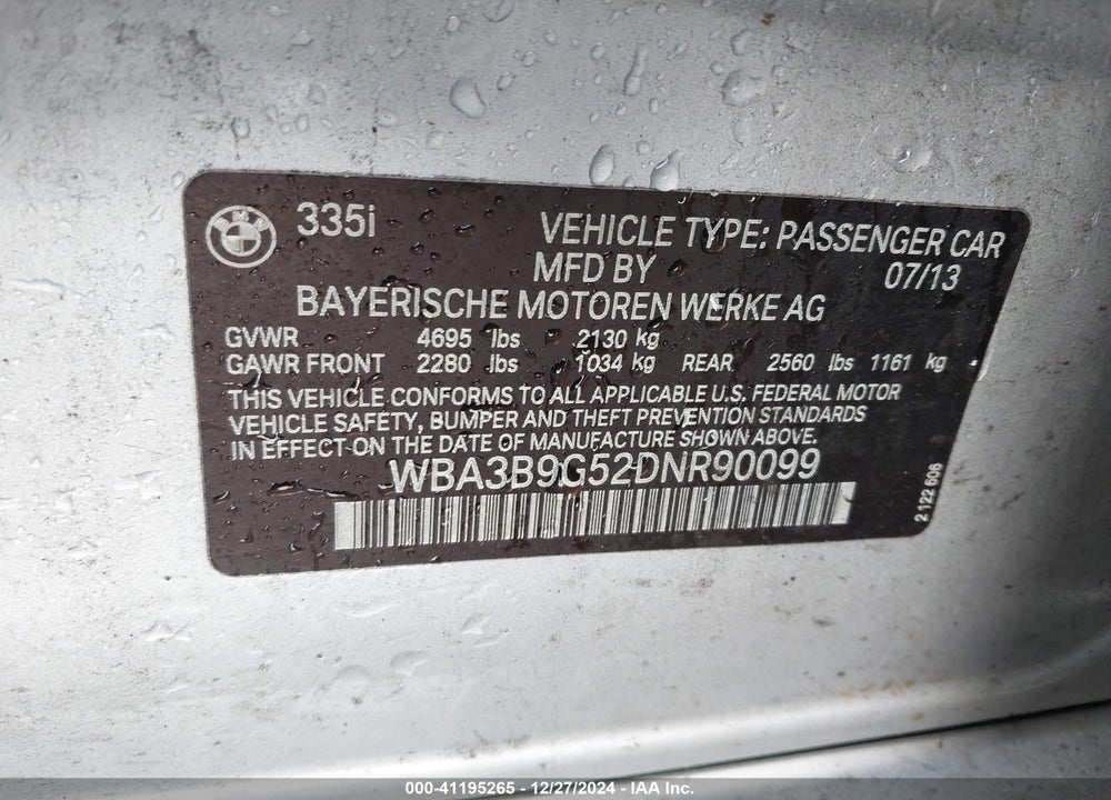 2013 BMW 335I VIN: WBA3B9G52DNR90099