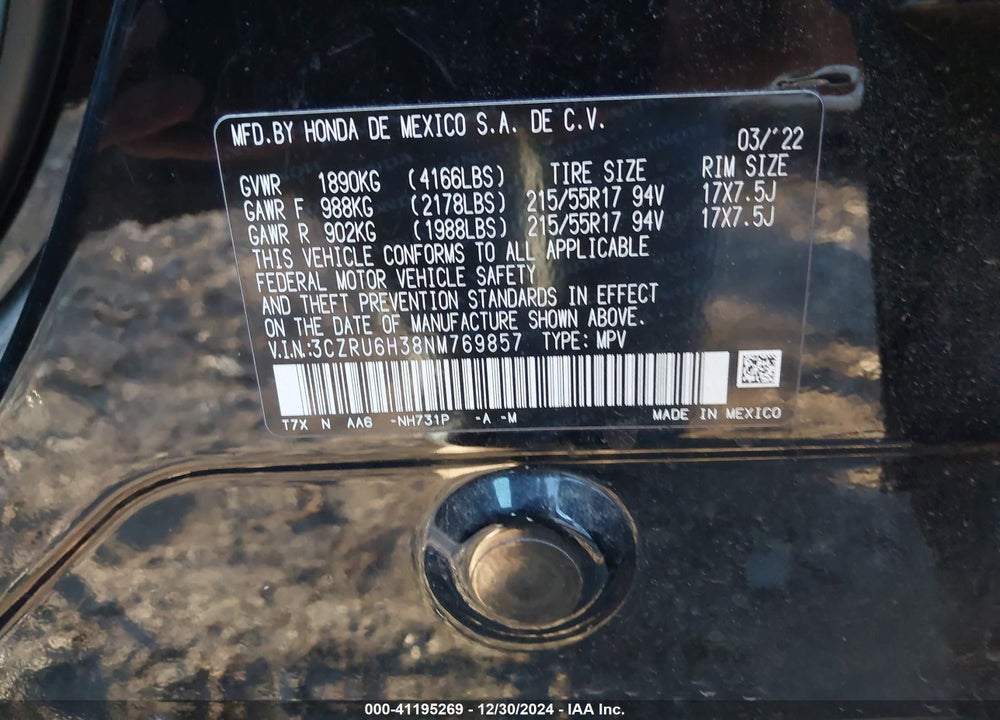 2022 HONDA HR-V VIN: 3CZRU6H38NM769857