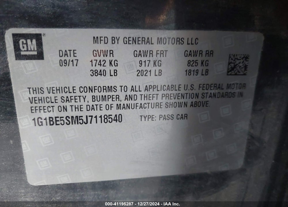 2018 CHEVROLET CRUZE LT AUTO VIN: 1G1BE5SM5J7118540