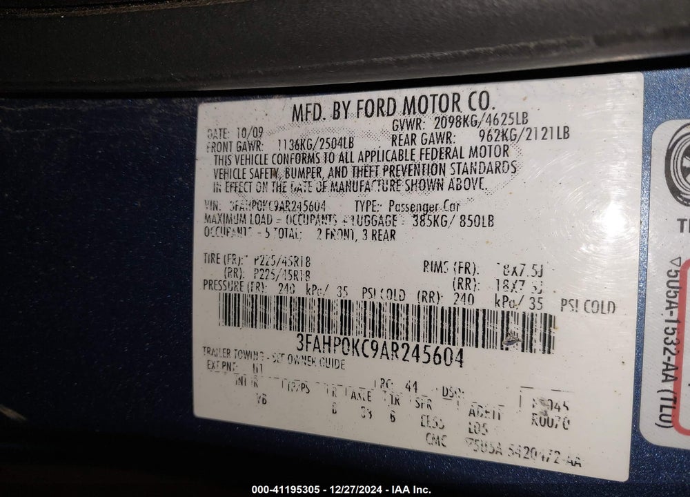 2010 FORD FUSION SPORT VIN: 3FAHP0KC9AR245604