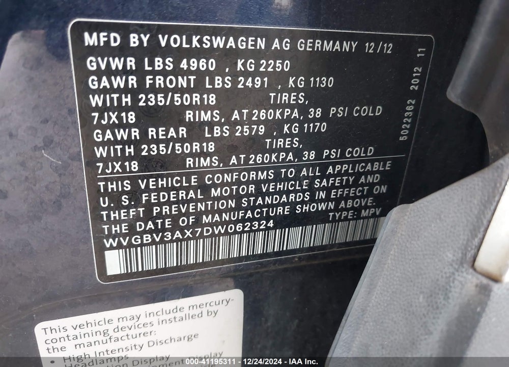 2013 VOLKSWAGEN TIGUAN SE VIN: WVGBV3AX7DW062324