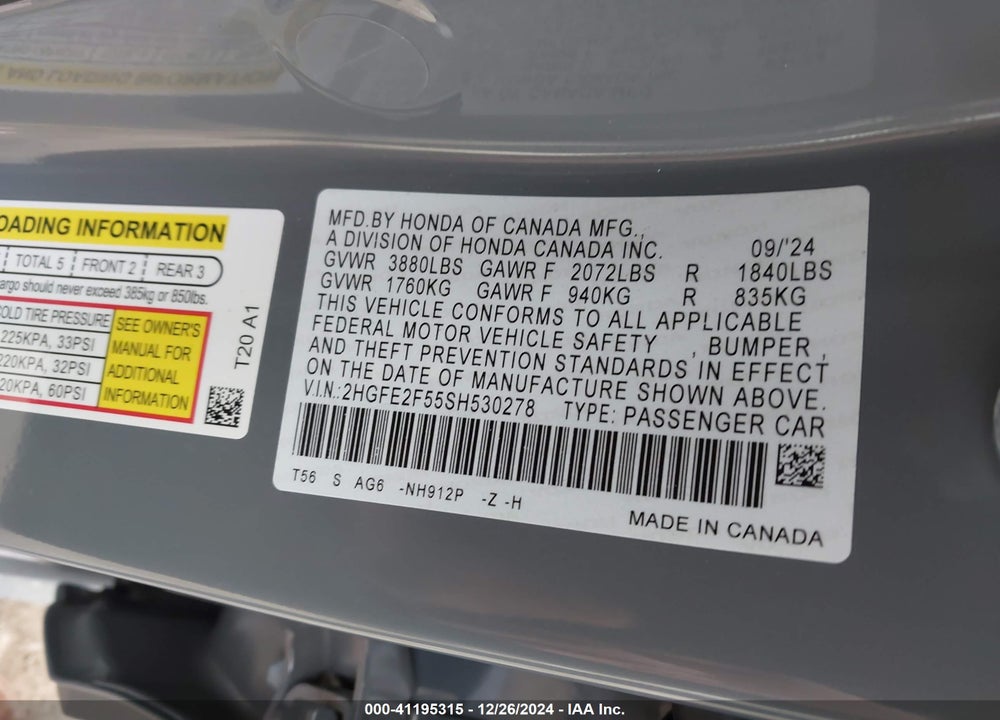 2025 HONDA CIVIC VIN: 2HGFE2F55SH530278