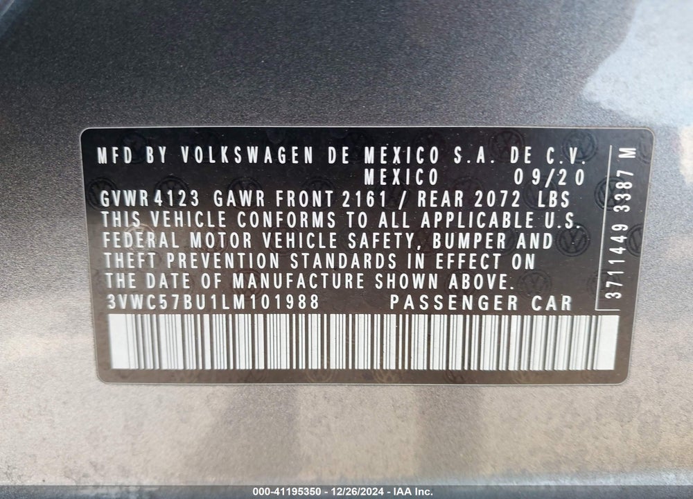 2020 VOLKSWAGEN JETTA 1.4T R-LINE/1.4T S/1.4T SE VIN: 3VWC57BU1LM101988