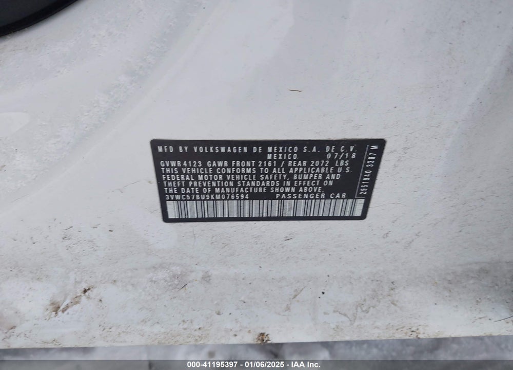 2019 VOLKSWAGEN JETTA VIN: 3VWC57BU9KM076594