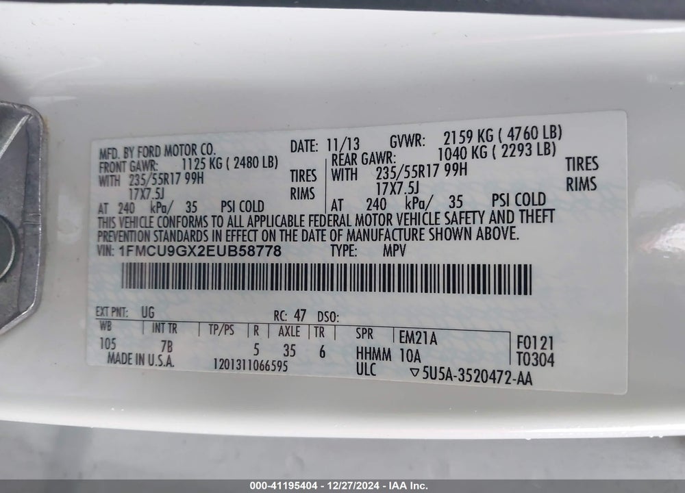 2014 FORD ESCAPE SE VIN: 1FMCU9GX2EUB58778