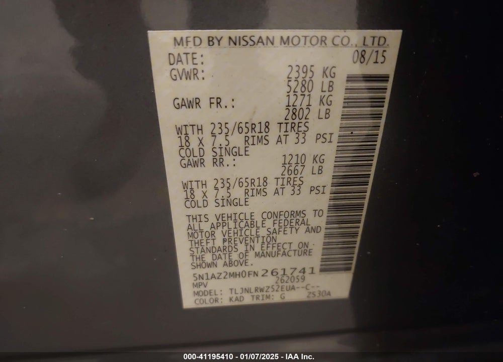 2015 NISSAN MURANO SL VIN: 5N1AZ2MH0FN261741
