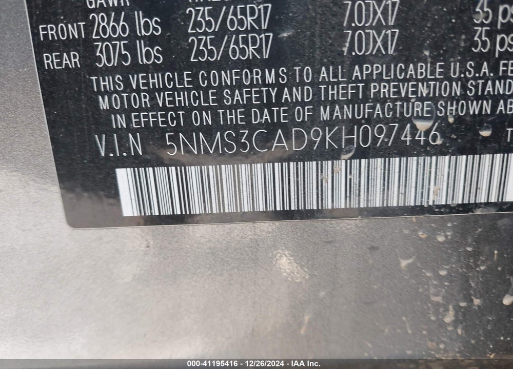 2019 HYUNDAI SANTA FE SEL VIN: 5NMS3CAD9KH097446