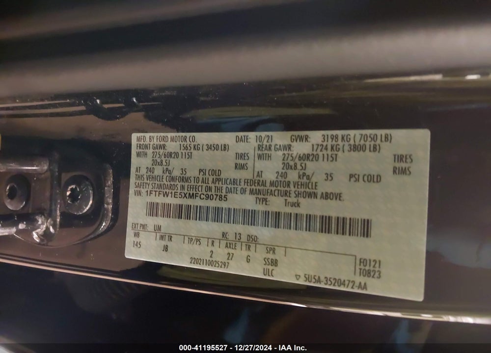 2021 FORD F-150 VIN: 1FTFW1E5XMFC90785