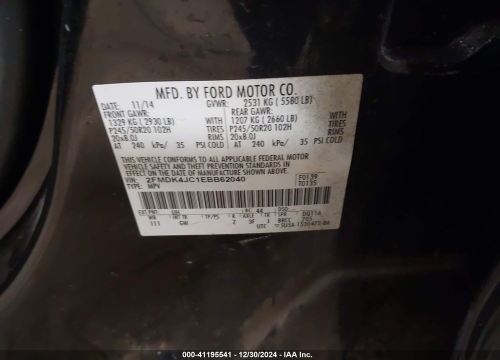 2014 FORD EDGE VIN: 2FMDK4JC1EBB62040