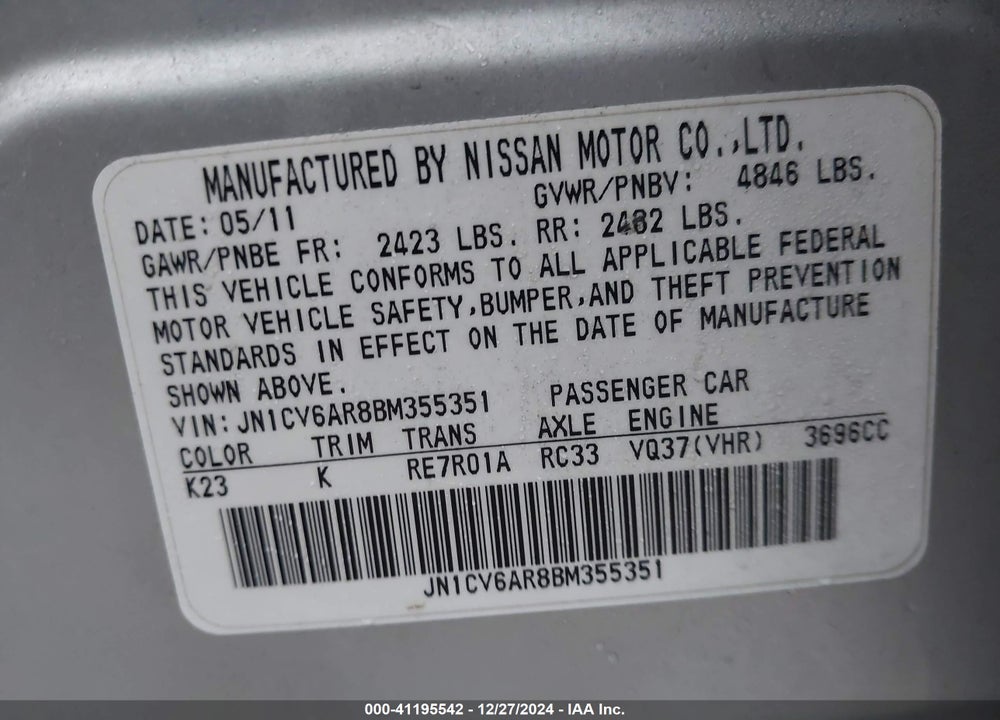 2011 INFINITI G37X VIN: JN1CV6AR8BM355351