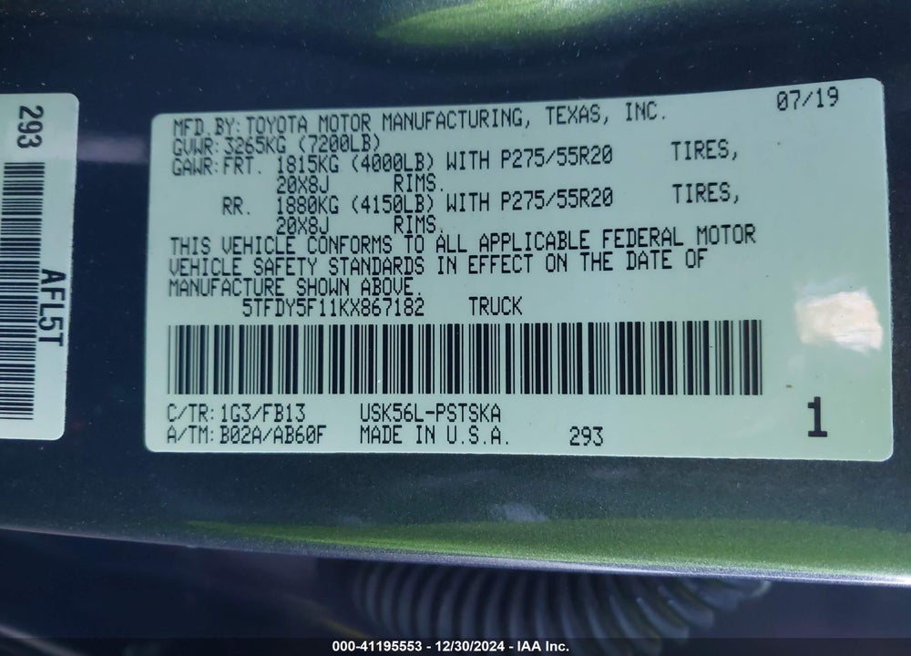 2019 TOYOTA TUNDRA VIN: 5TFDY5F11KX867182