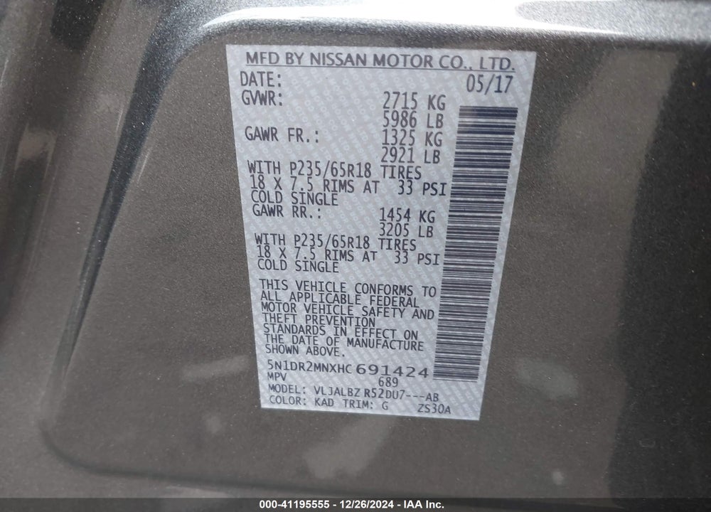 2017 NISSAN PATHFINDER S VIN: 5N1DR2MNXHC691424