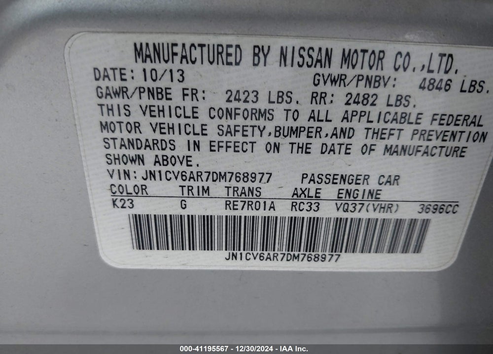 2013 INFINITI G37X VIN: JN1CV6AR7DM768977