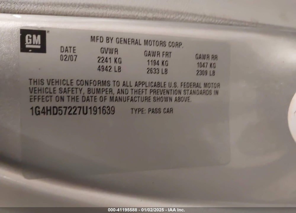2007 BUICK LUCERNE VIN: 1G4HD57227U191639