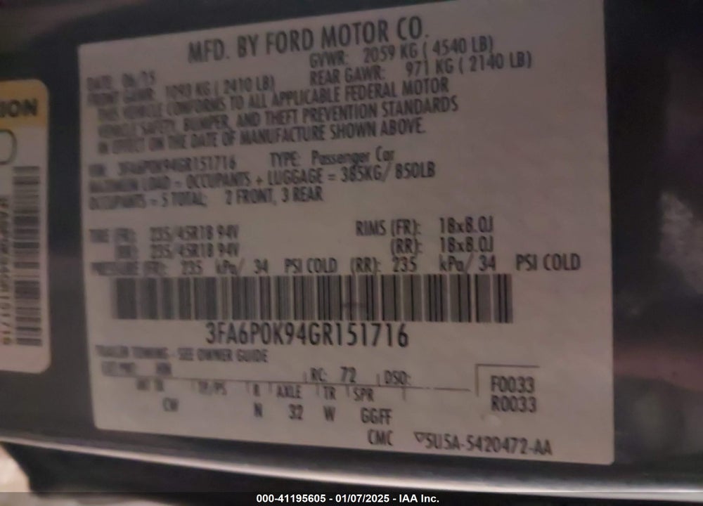 2016 FORD FUSION VIN: 3FA6P0K94GR151716