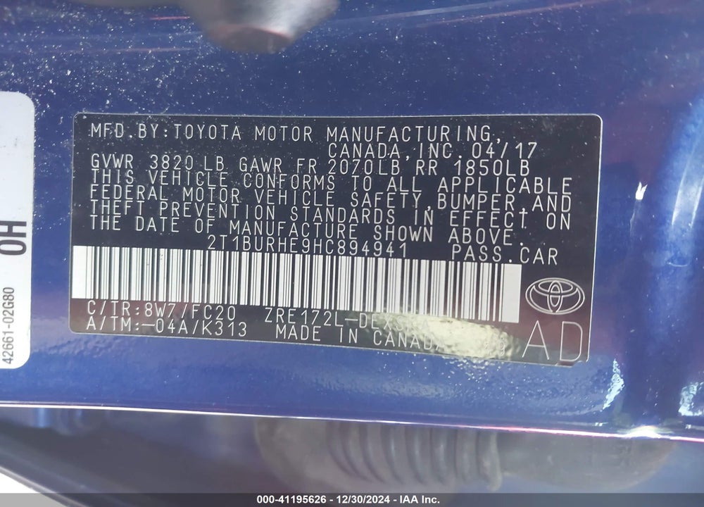 2017 TOYOTA COROLLA SE VIN: 2T1BURHE9HC894941