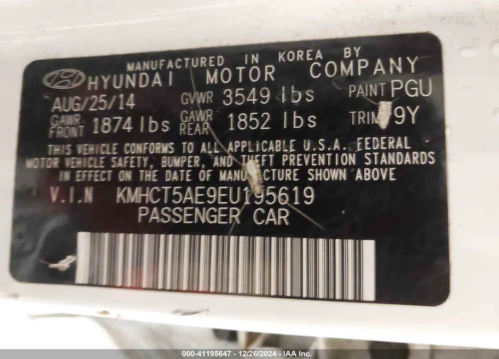 2014 HYUNDAI ACCENT GS VIN: KMHCT5AE9EU195619