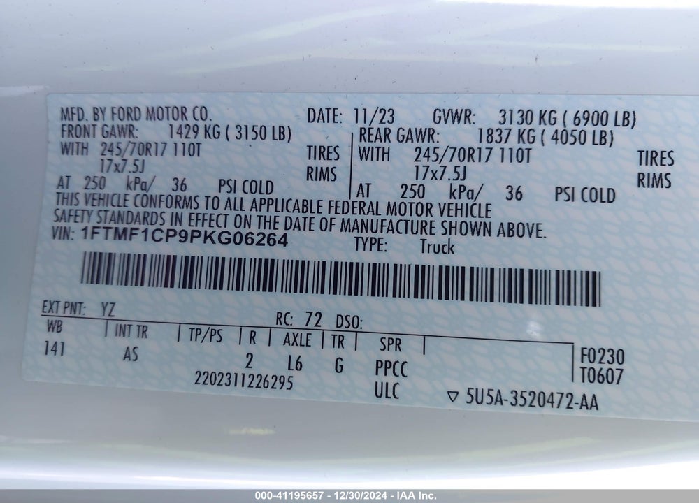 2023 FORD F-150 XL VIN: 1FTMF1CP9PKG06264