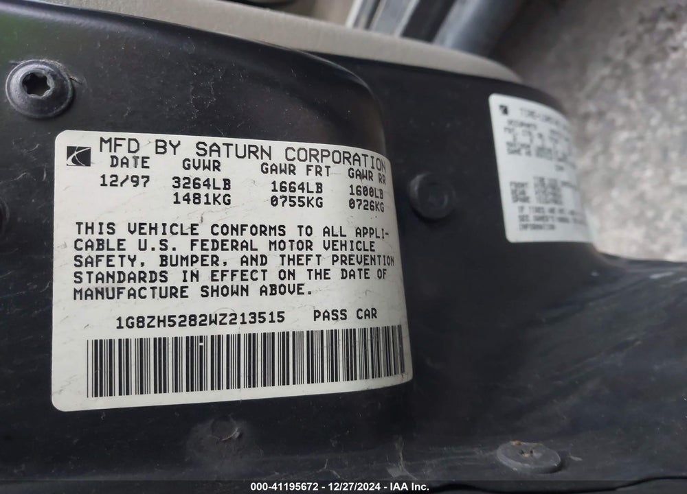 1998 SATURN SL1 VIN: 1G8ZH5282WZ213515