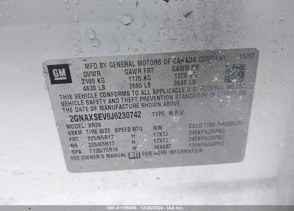 2018 CHEVROLET EQUINOX LT VIN: 2GNAXSEV8J6230742