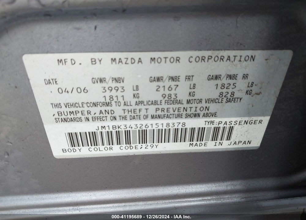 2006 MAZDA 3 S TOURING VIN: JM1BK343261518378