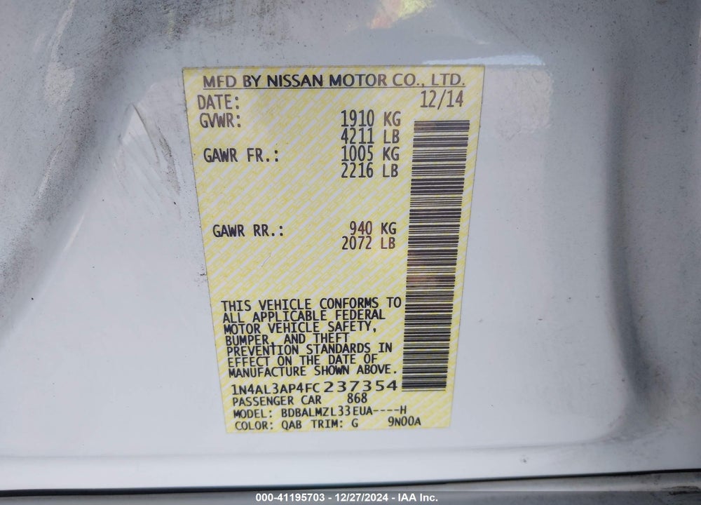 2015 NISSAN ALTIMA VIN: 1N4AL3AP4FC237354