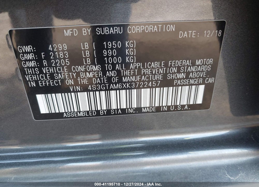 2019 SUBARU IMPREZA 2.0I SPORT VIN: 4S3GTAM6XK3722457