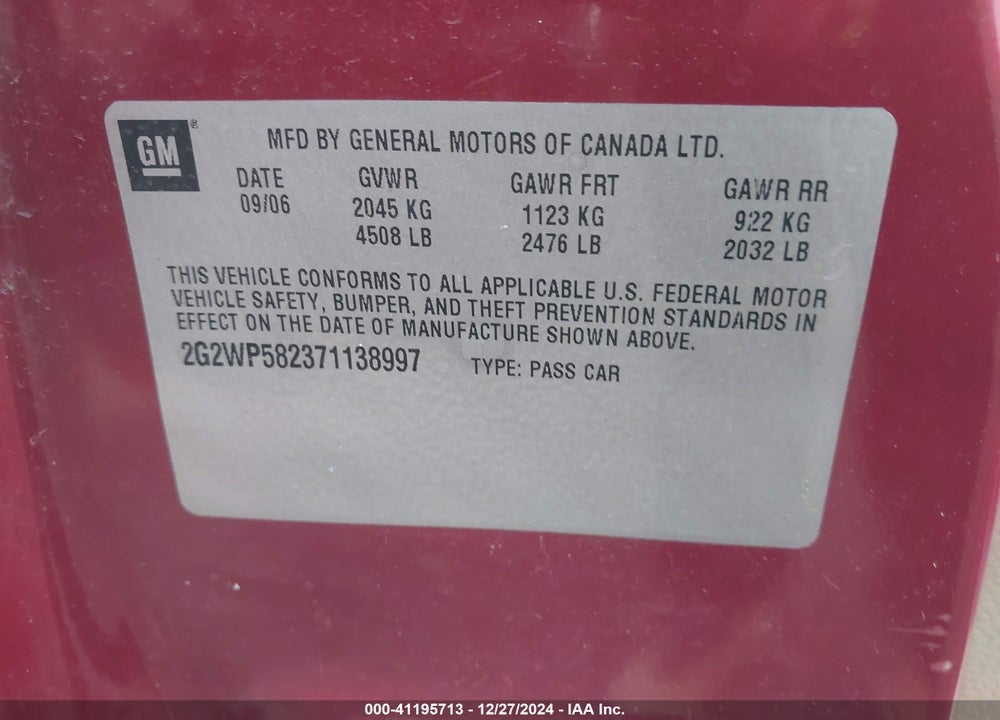2007 PONTIAC GRAND PRIX VIN: 2G2WP582371138997