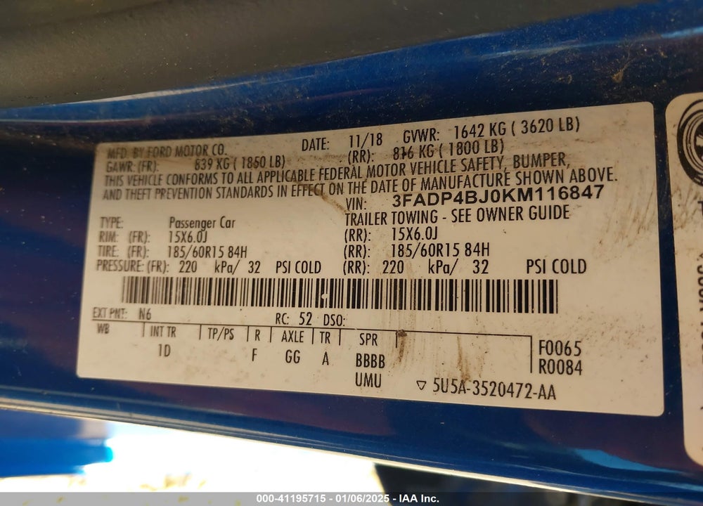 2019 FORD FIESTA SE VIN: 3FADP4BJ0KM116847