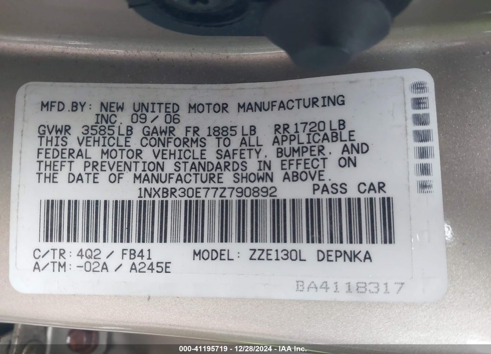 2007 TOYOTA COROLLA LE VIN: 1NXBR30E77Z790892