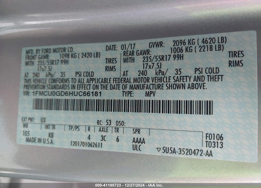 2017 FORD ESCAPE SE VIN: 1FMCU0GD6HUC66181