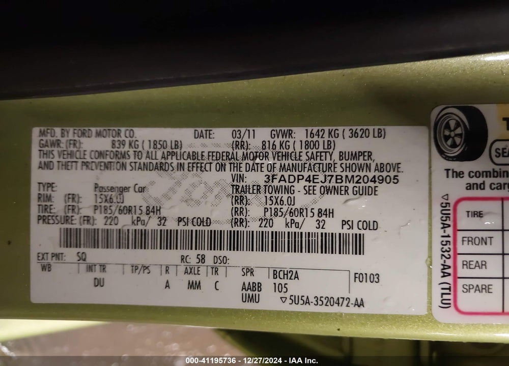 2011 FORD FIESTA SE VIN: 3FADP4EJ7BM204905